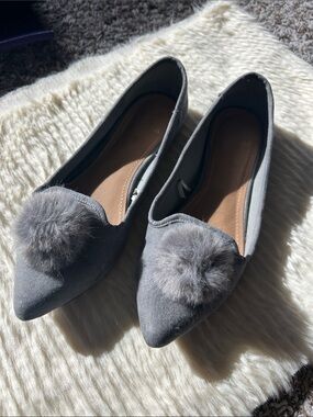Report Gray Pointed-Toe Pom Pom Flats